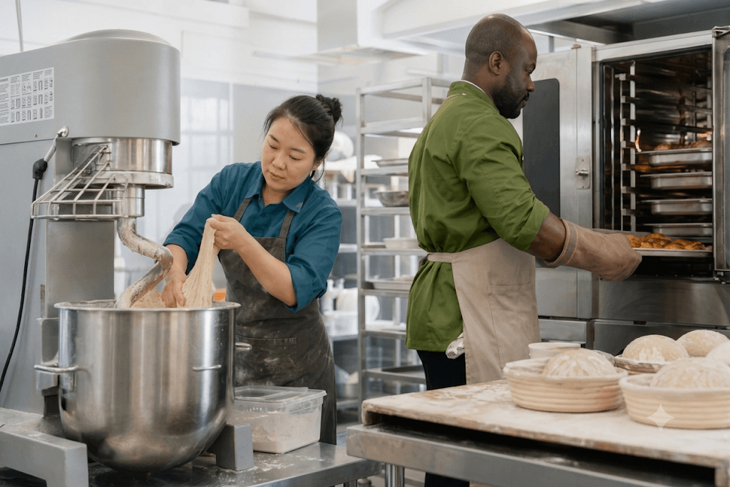 Deux collègues utilisent un batteur et un four dans la cuisine commerciale réservée par leur entreprise