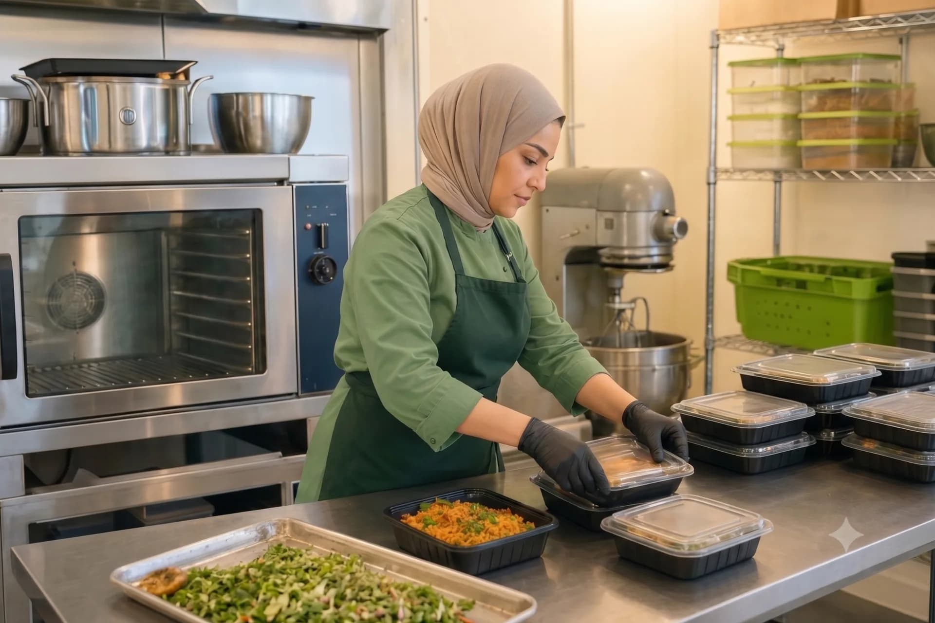 Une entrepreneure prépare seule une commande de traiteur dans la cuisine commerciale qu’elle a réservée
