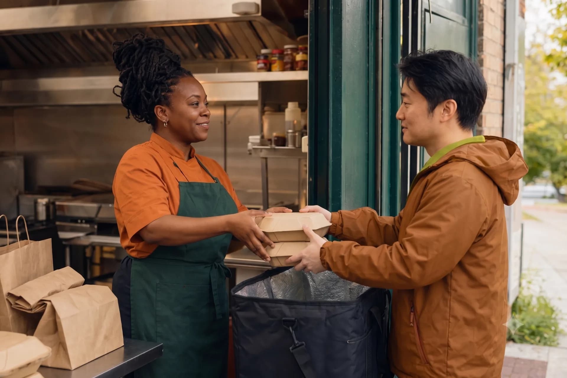 Une entrepreneure alimentaire remet des commandes emballées à un livreur devant sa cuisine commerciale