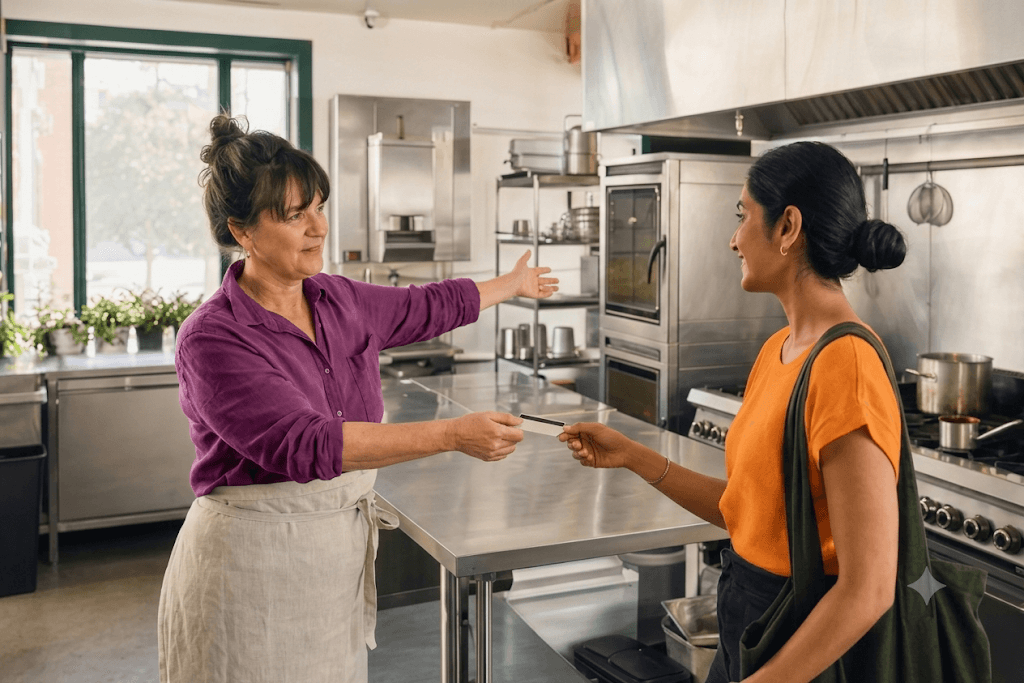 Une propriétaire remet une carte d’accès à une entrepreneure dans une cuisine commerciale